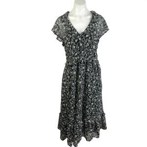 Old Navy Black Floral Ruffle Flutter Sleeve V Neck Tiered A Line Midi Dress Sz M